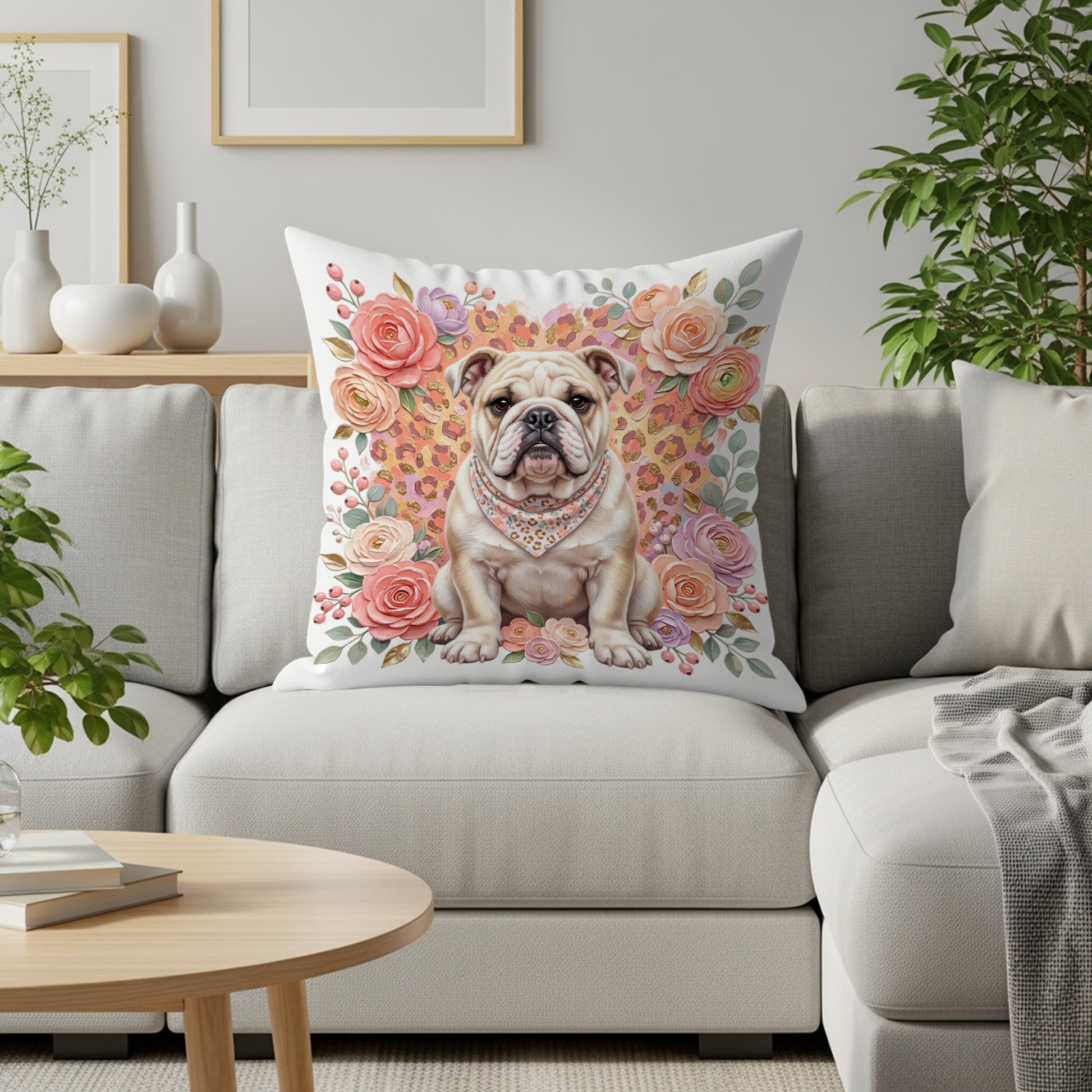 Bulldog wearing a jeweled bandana sits on a floral-patterned cushion.