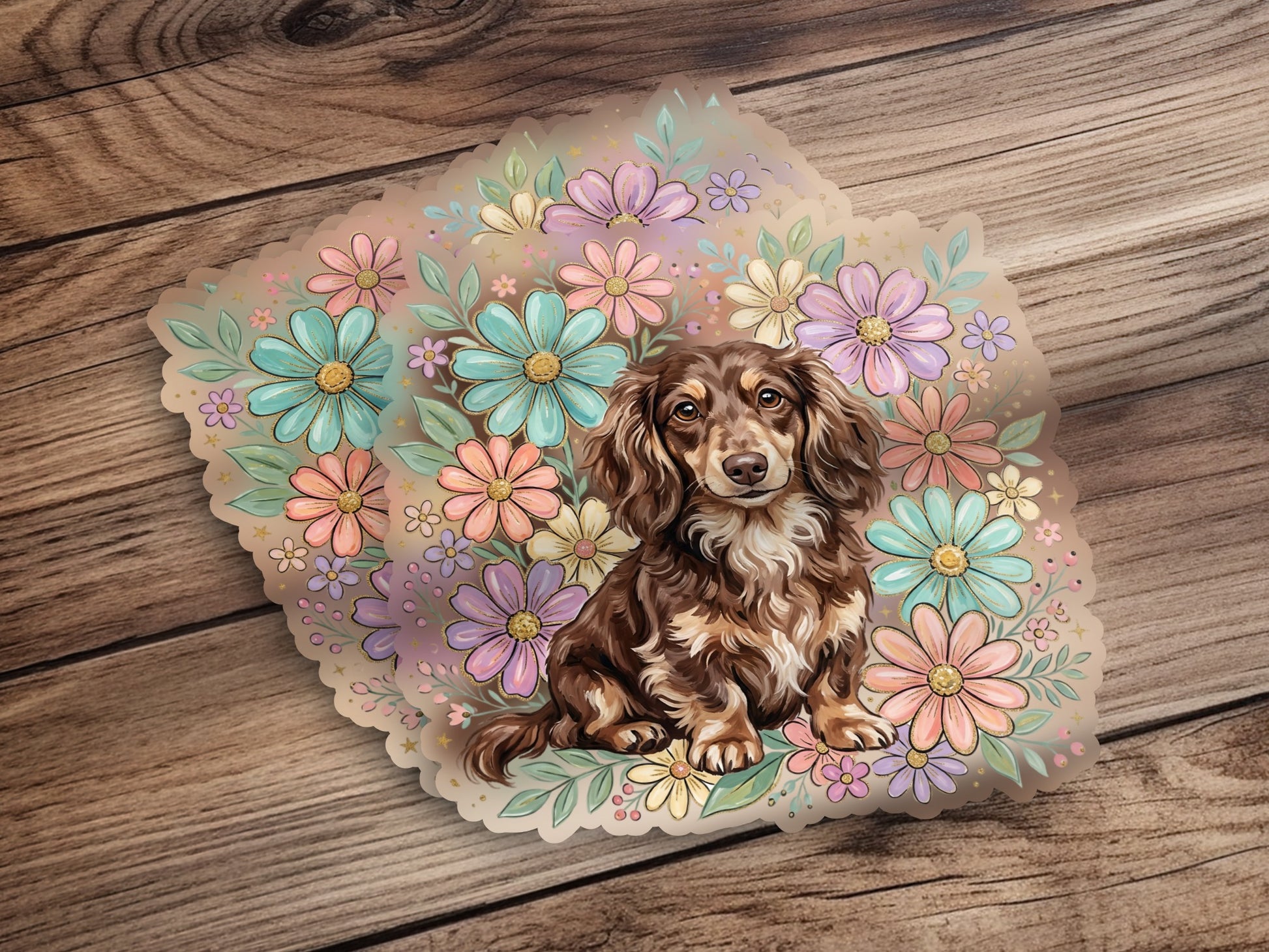 Brown dachshund sits surrounded by pastel floral border.