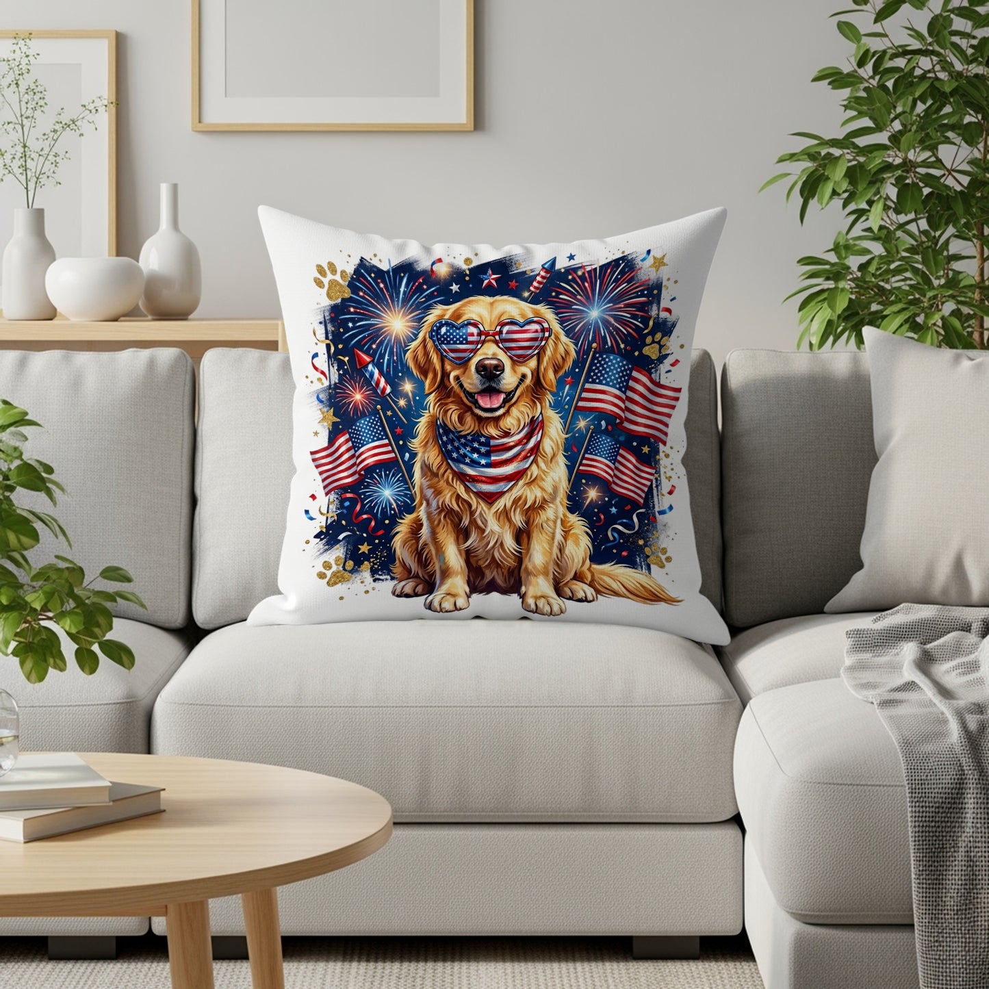 Golden retriever wearing sunglasses and bandana, with fireworks and American flags.