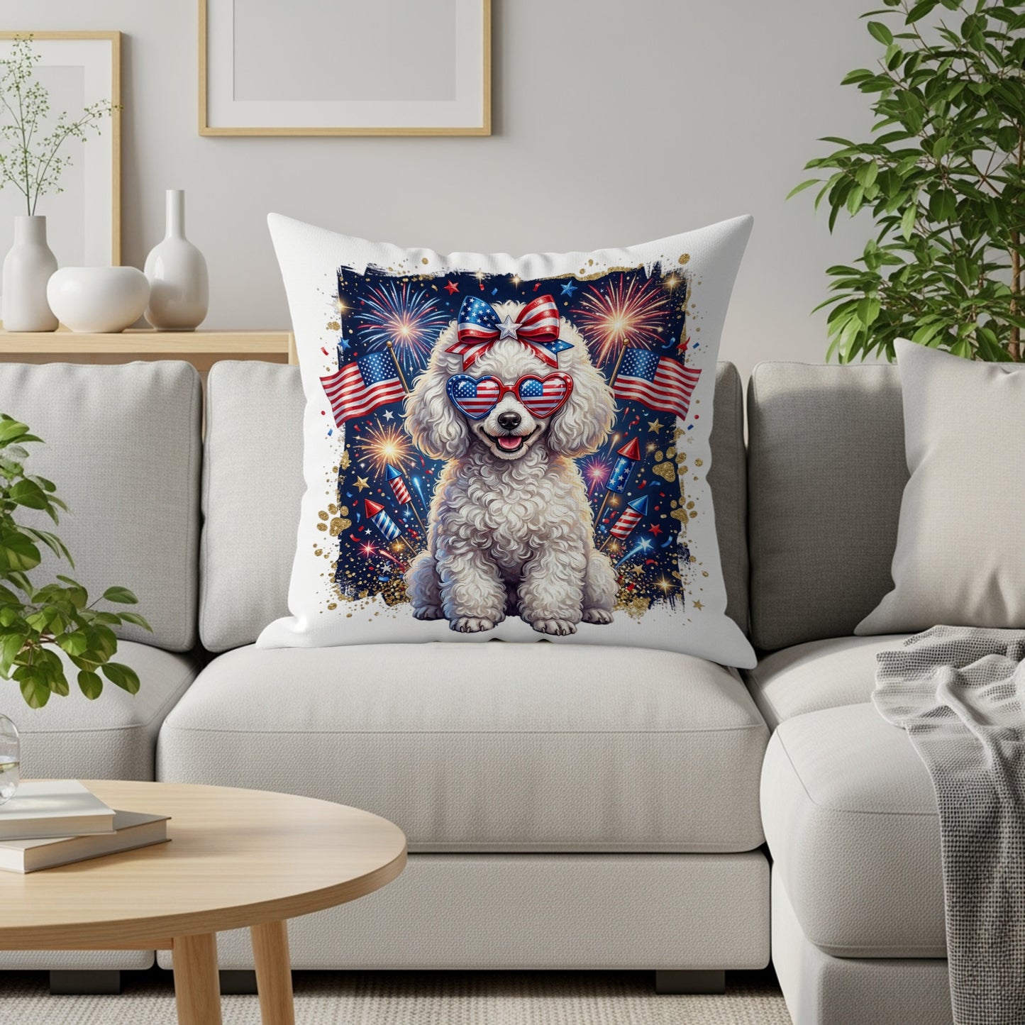 White poodle wearing American flag sunglasses and fireworks, sitting on a couch.