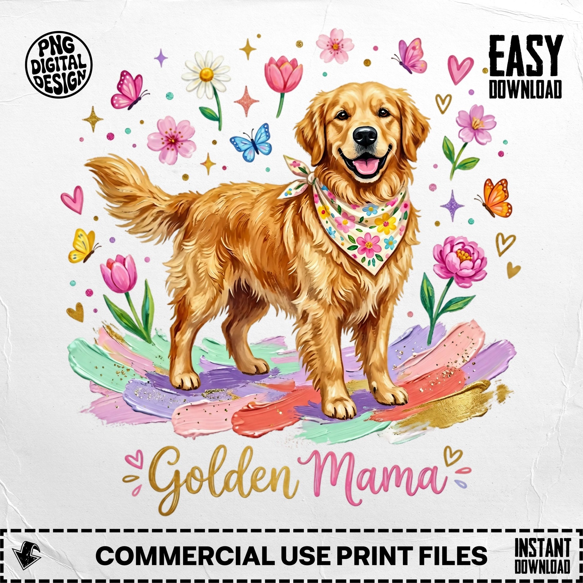 Golden Retriever wearing a bandana with flowers and butterflies around it.