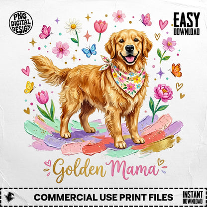 Golden Retriever wearing a bandana with flowers and butterflies around it.