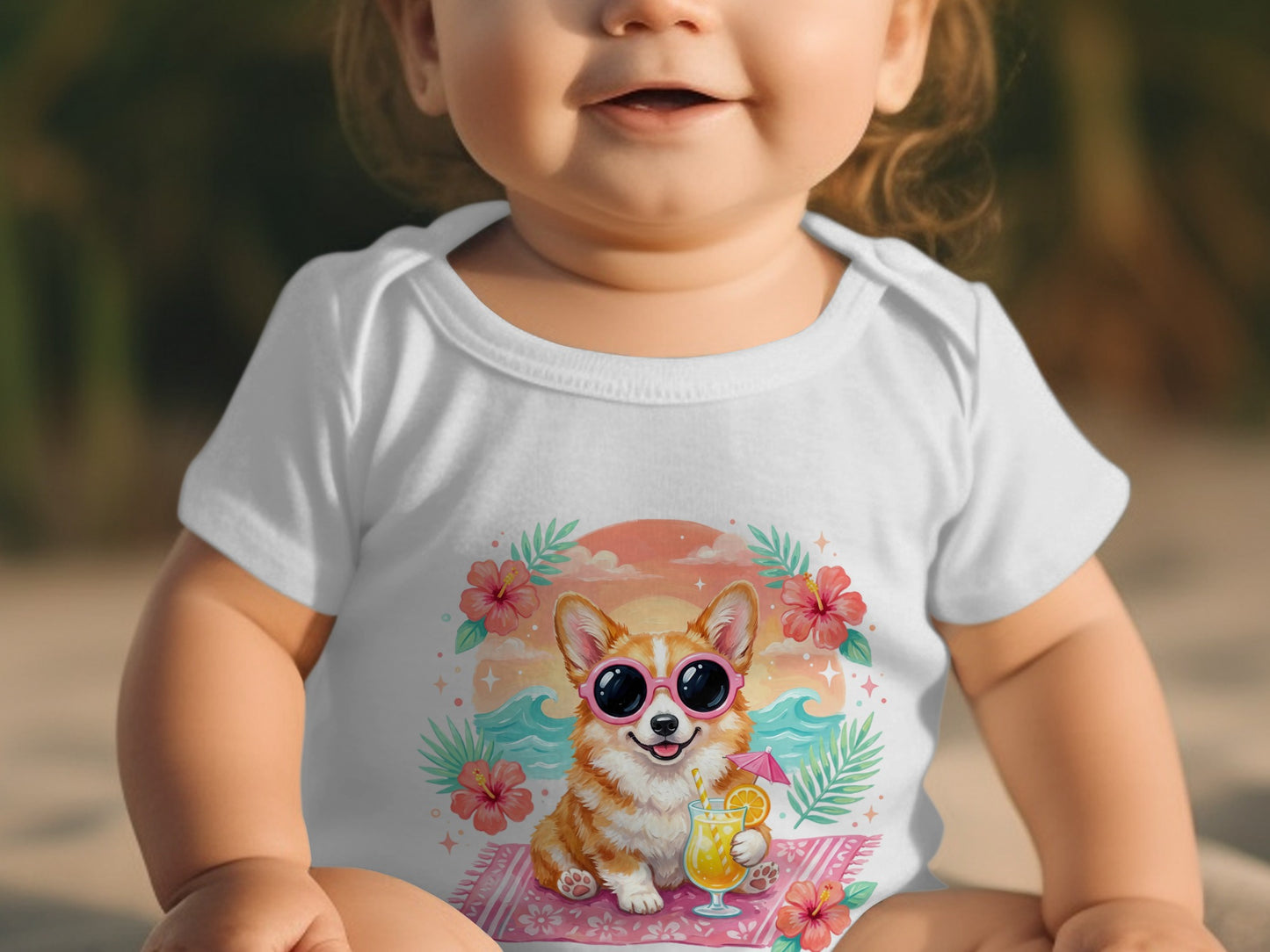 Baby wearing white onesie with a corgi wearing sunglasses and holding a drink.