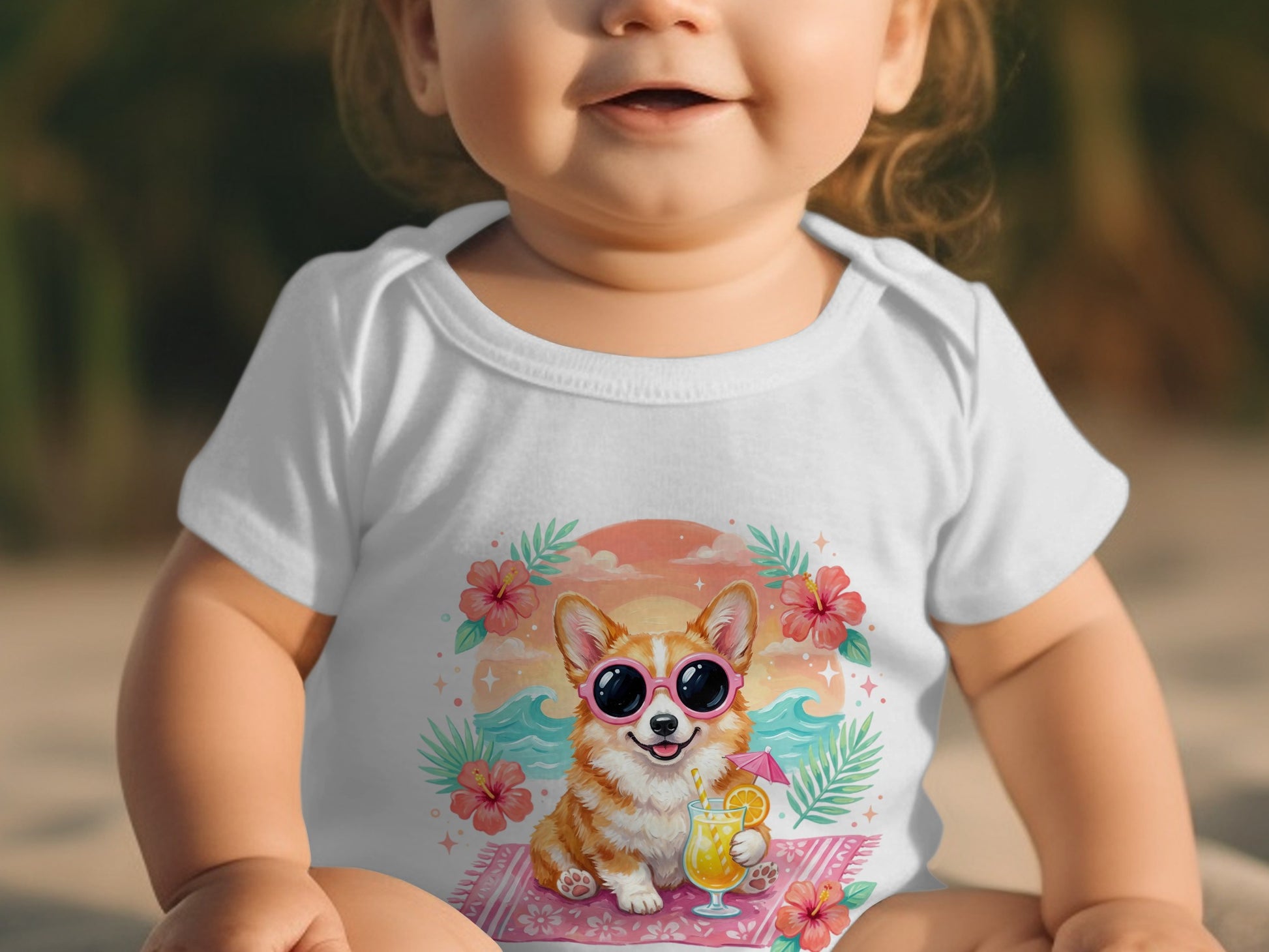 Baby wearing white onesie with a corgi wearing sunglasses and holding a drink.
