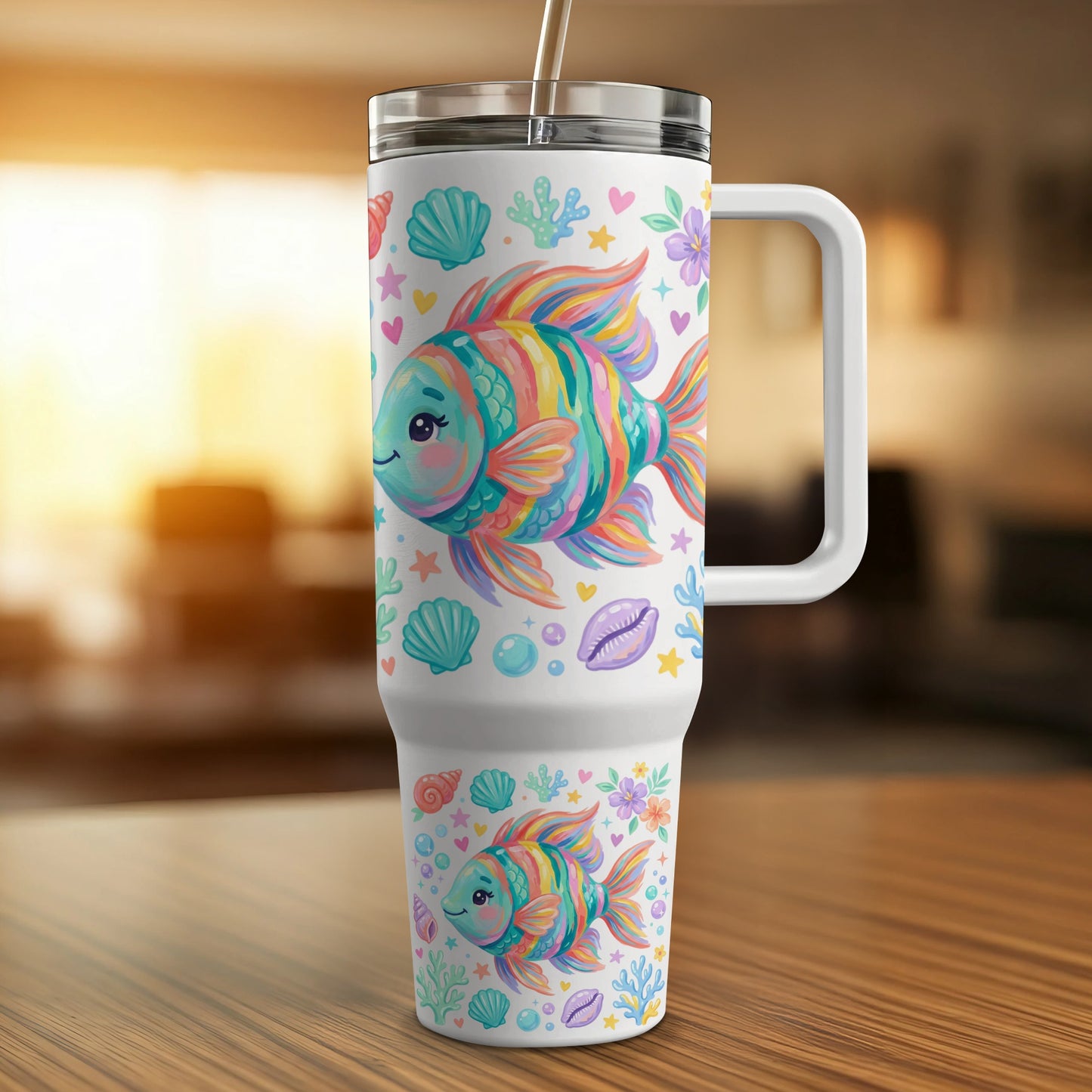 Colorful fish and seashells pattern on white tumbler with handle and straw.