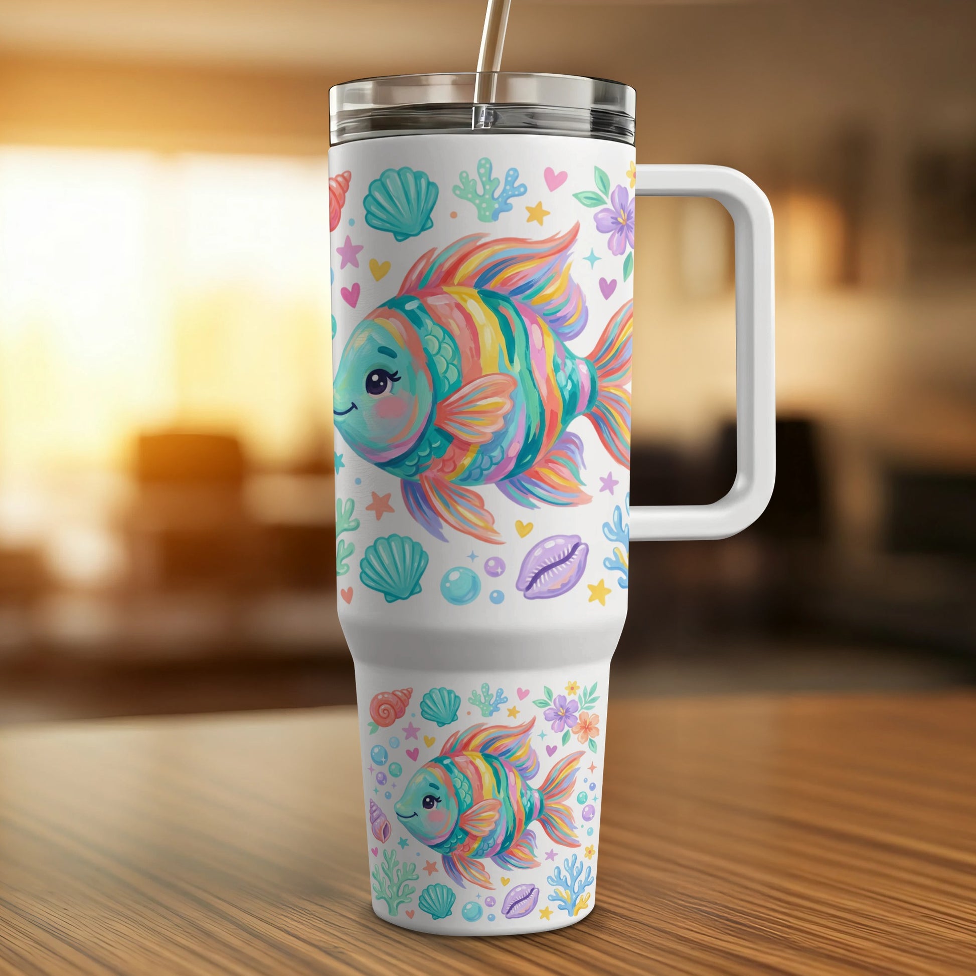 Colorful fish and seashells pattern on white tumbler with handle and straw.