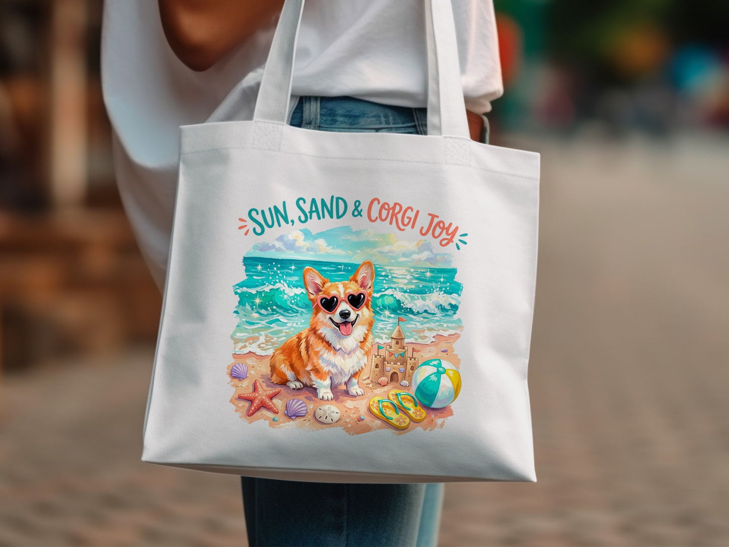 Corgi on beach with sunglasses, text "Sun, Sand & Corgi Joy".