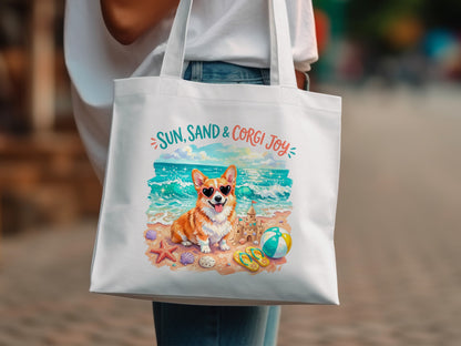 Corgi on beach with sunglasses, text "Sun, Sand & Corgi Joy".