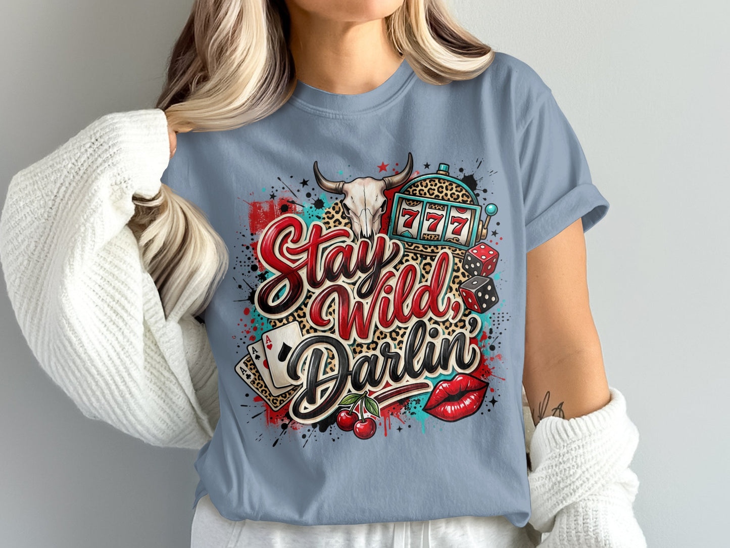 T-shirt with "Stay Wild Darlin'" text, cherries, dice, and bull skull.
