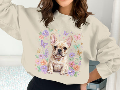 French bulldog with flowers and butterflies on a cream sweatshirt.