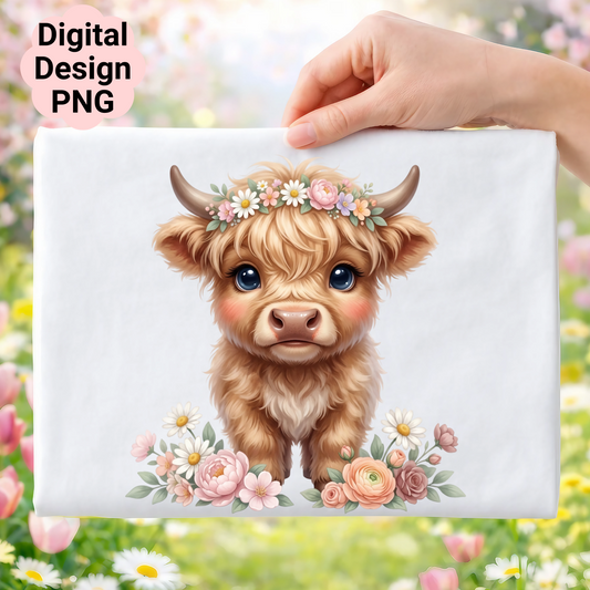 Cute fluffy Highland cow with floral crown and border.