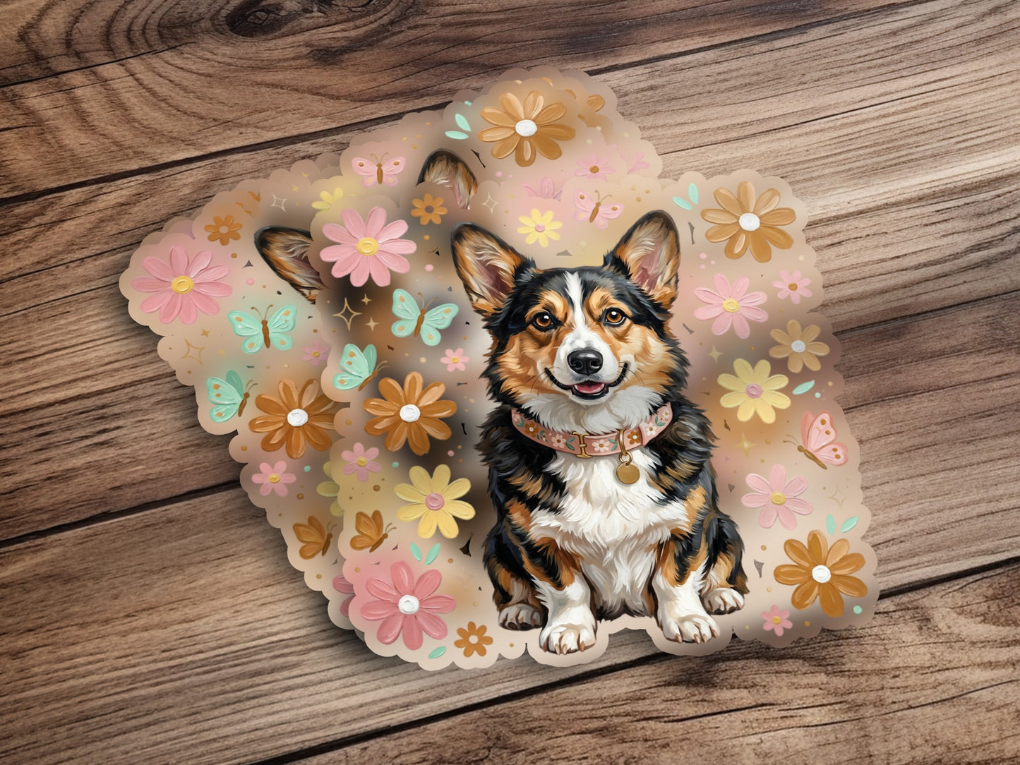 Corgi wearing a floral collar surrounded by pastel flowers and butterflies.