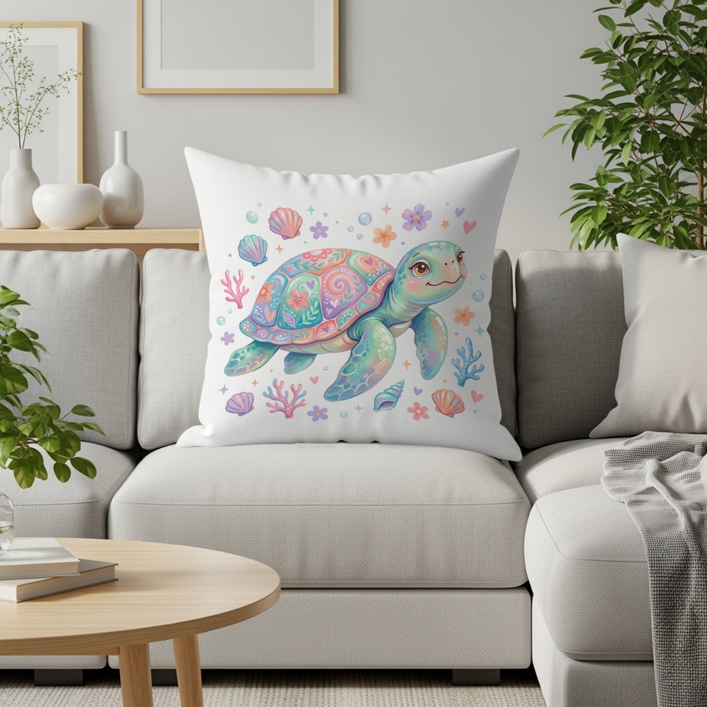 Colorful sea turtle with shells and flowers on a decorative throw pillow.