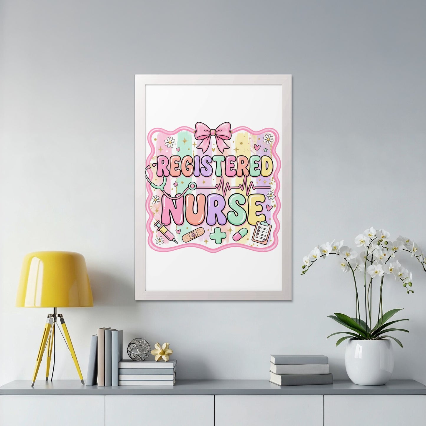 Registered Nurse text with stethoscope, syringe, and heart icons on pastel background.
