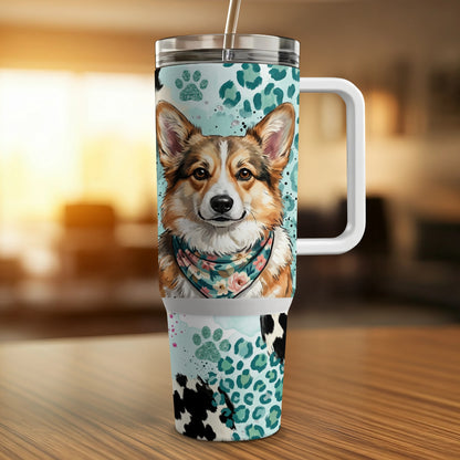 Pembroke Welsh Corgi wearing a bandana on a tumbler with leopard and cow print.