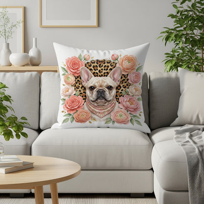 French bulldog wearing bandana surrounded by pink roses and leopard print.