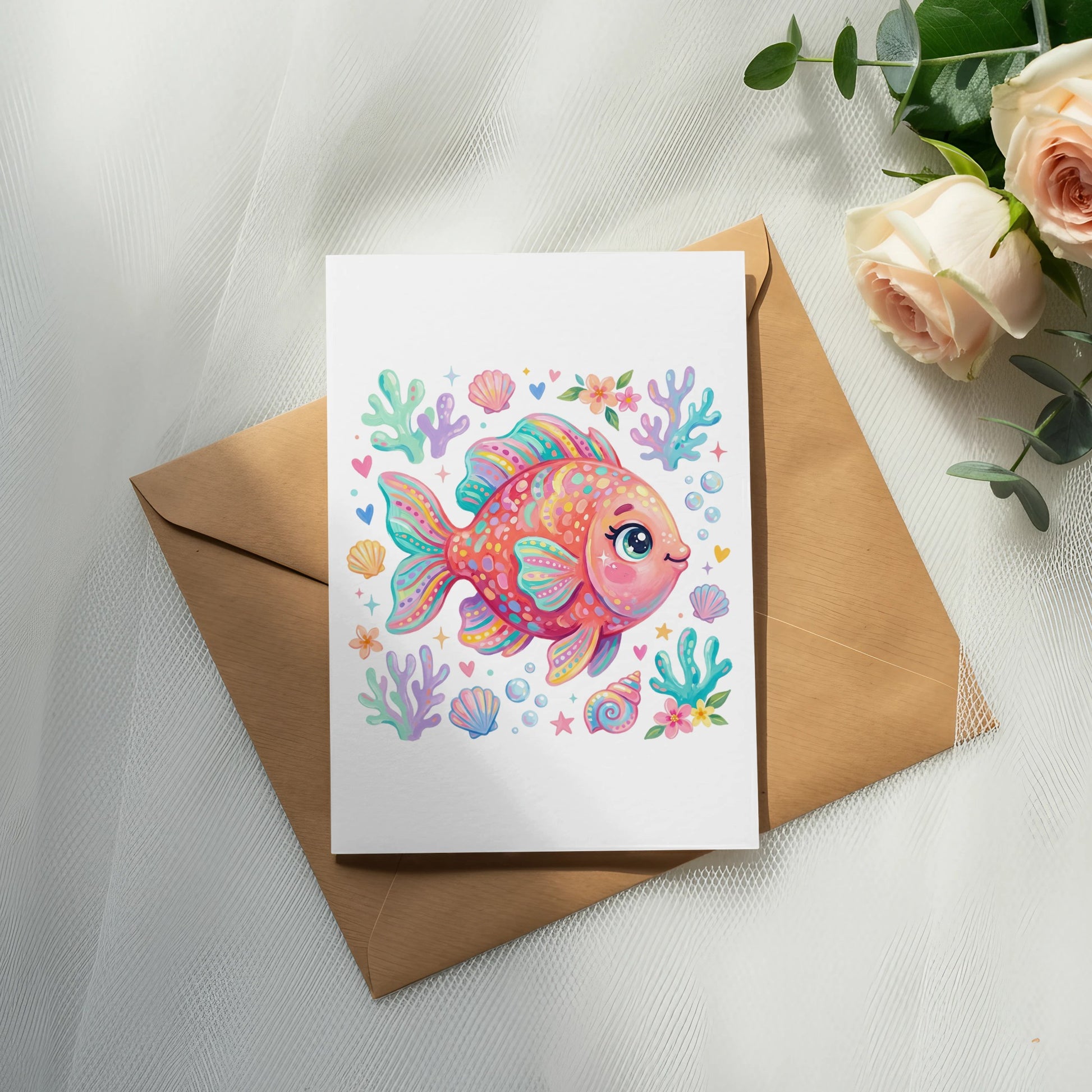 Colorful cartoon fish on a white card with seashells and coral.
