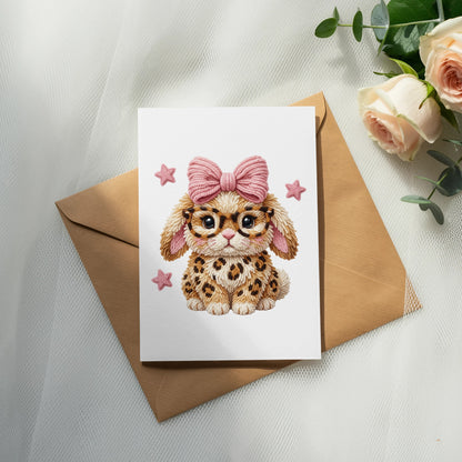 Bunny card with pink bow and glasses, placed on brown envelope.