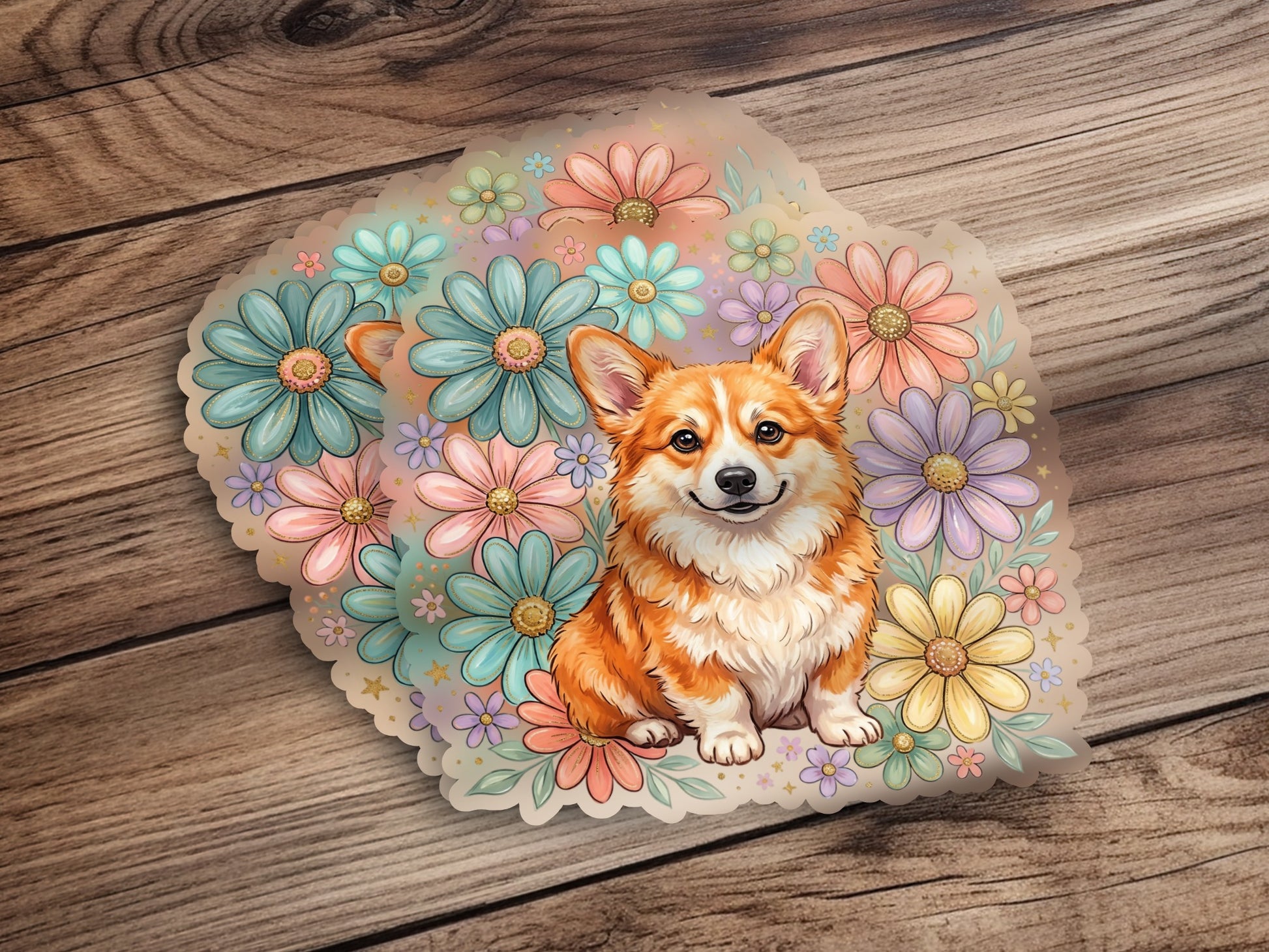 Corgi dog sitting among colorful pastel flowers on a wooden background.
