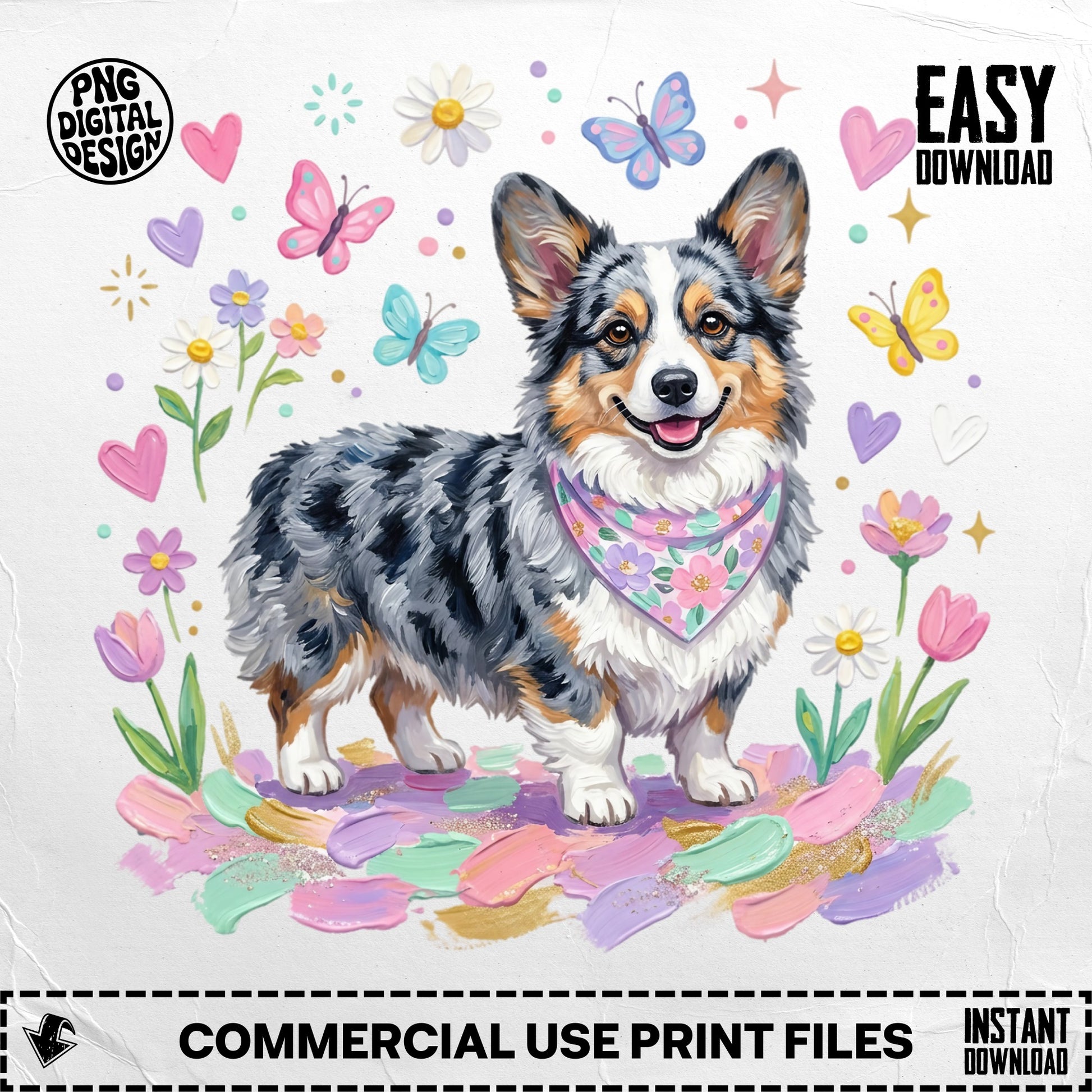 Blue merle corgi wearing a bandana among flowers and butterflies.