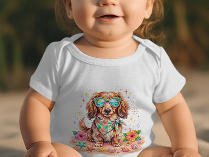Baby wearing white onesie with a smiling dachshund wearing sunglasses and a bandana.