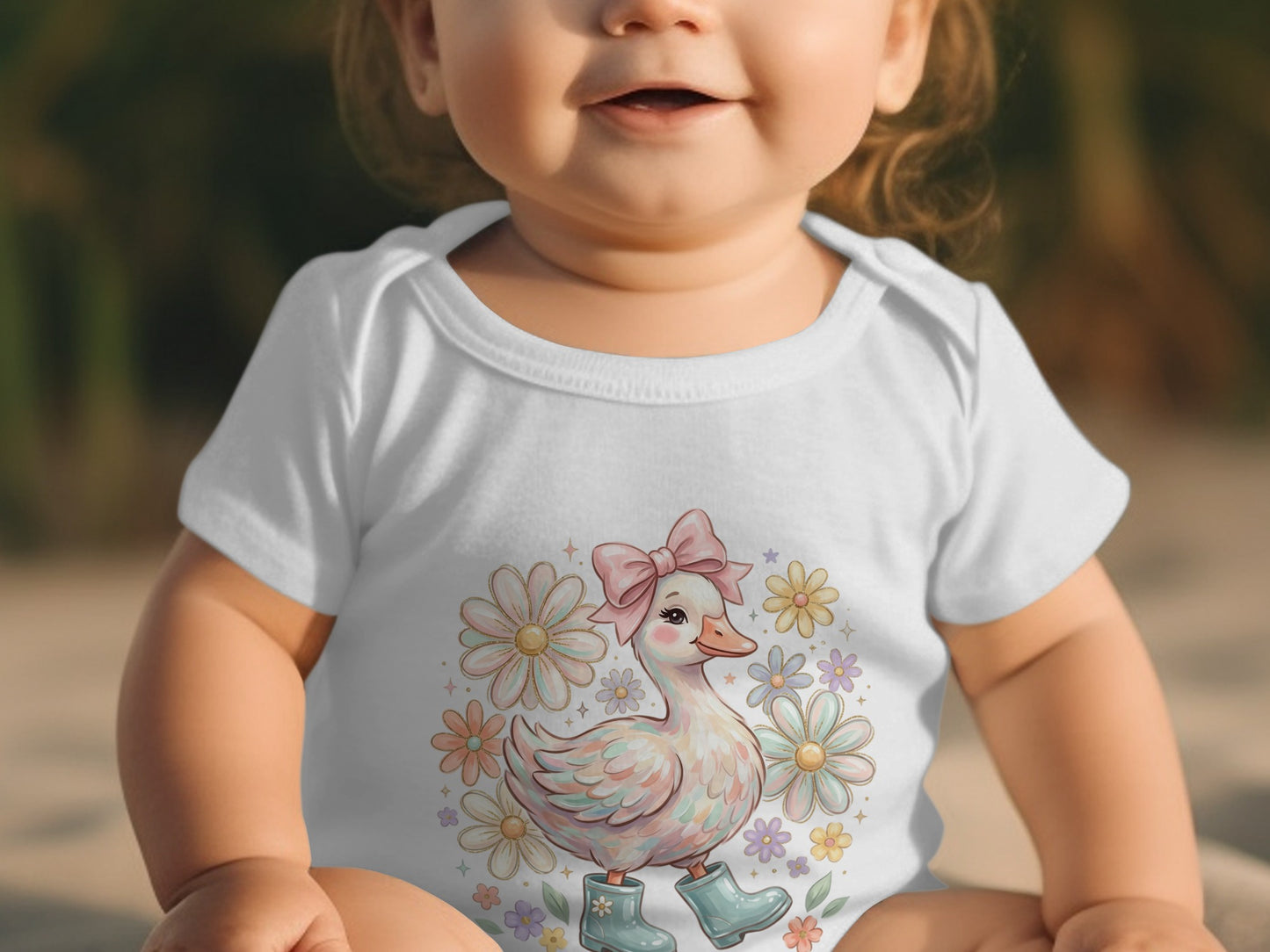 Baby wearing white onesie with duck and floral design.