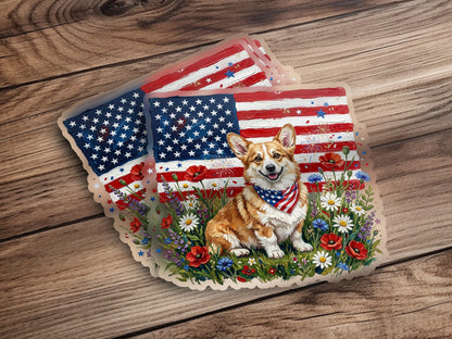 Corgi wearing bandana in a field of flowers with American flags.