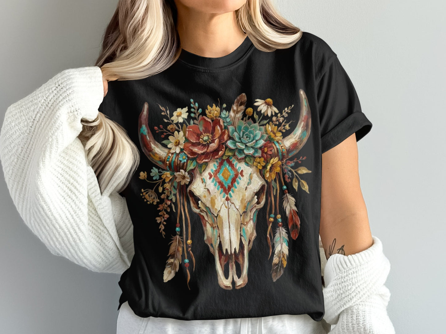 Black t-shirt with a colorful skull and floral headdress design.