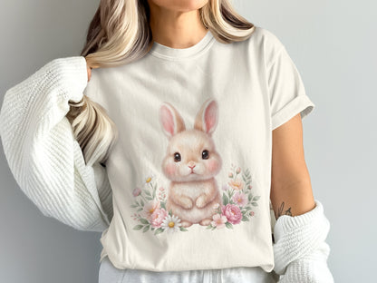 Cream t-shirt with a watercolor bunny and floral design.
