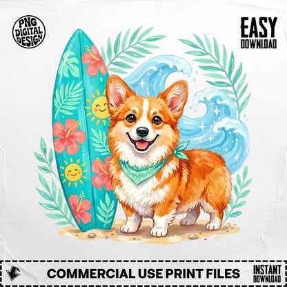Corgi wearing bandana on beach with surfboard and waves.