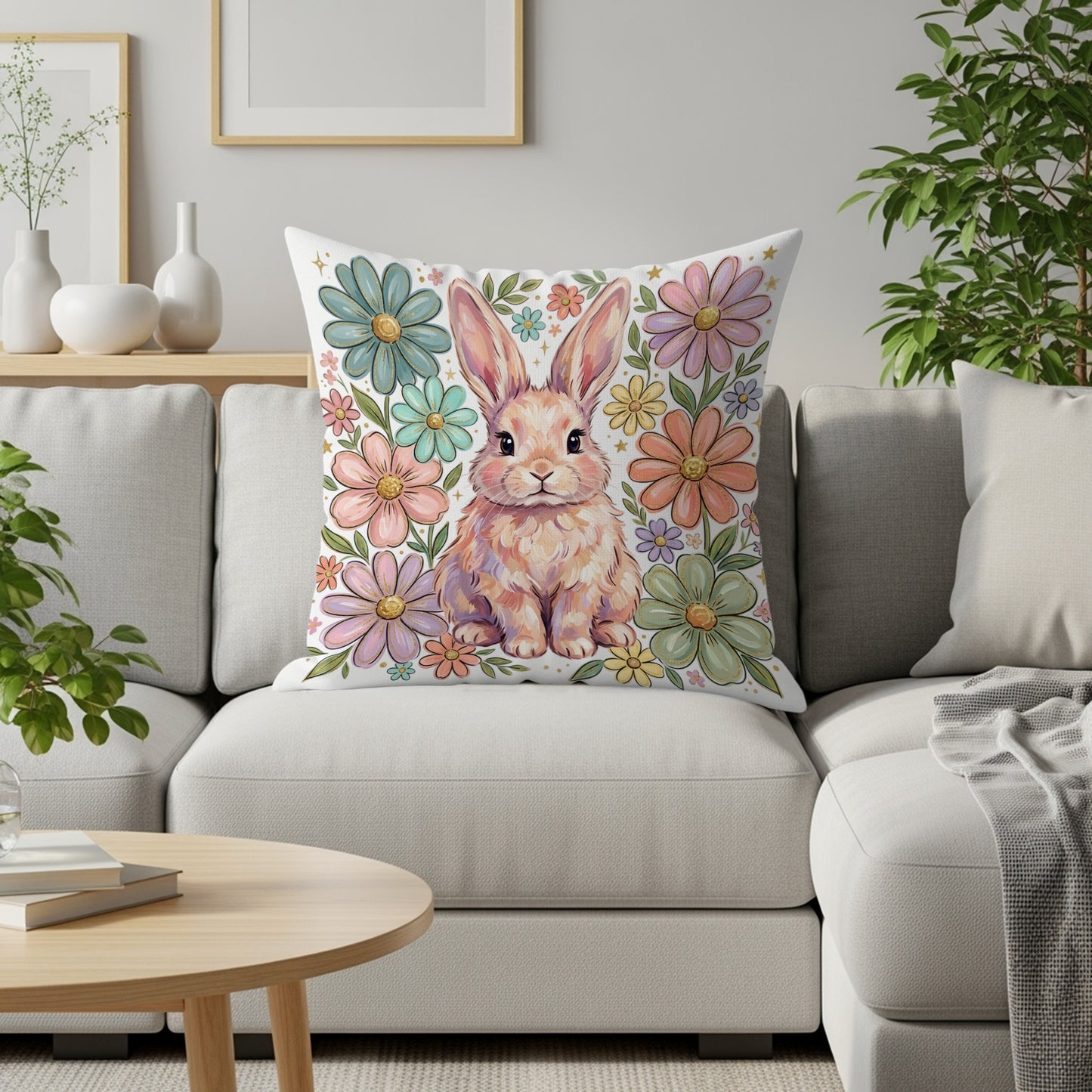 Bunny on floral pillow on a couch.