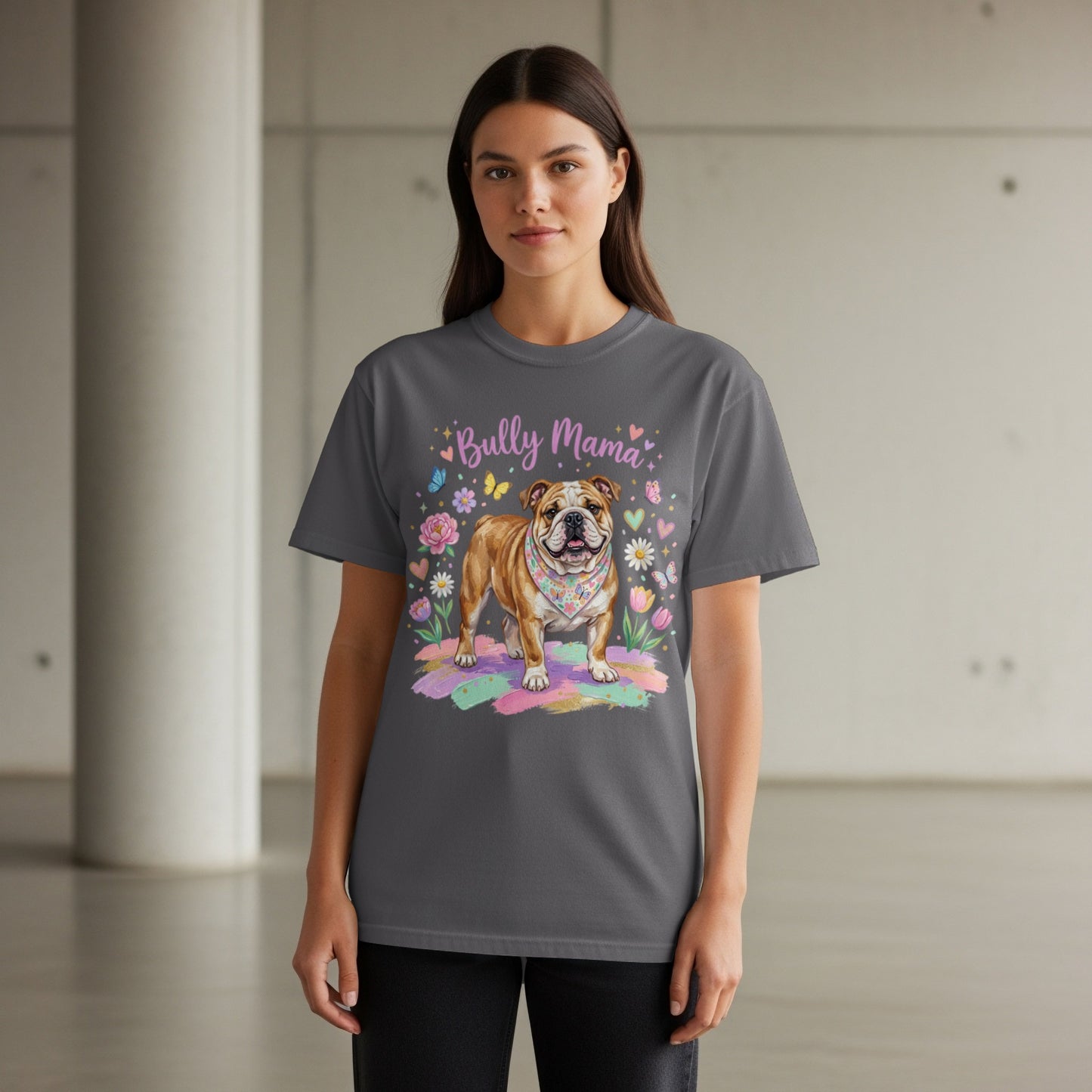 Bulldog wearing a bandana on a t-shirt with "Bully Mama" text.