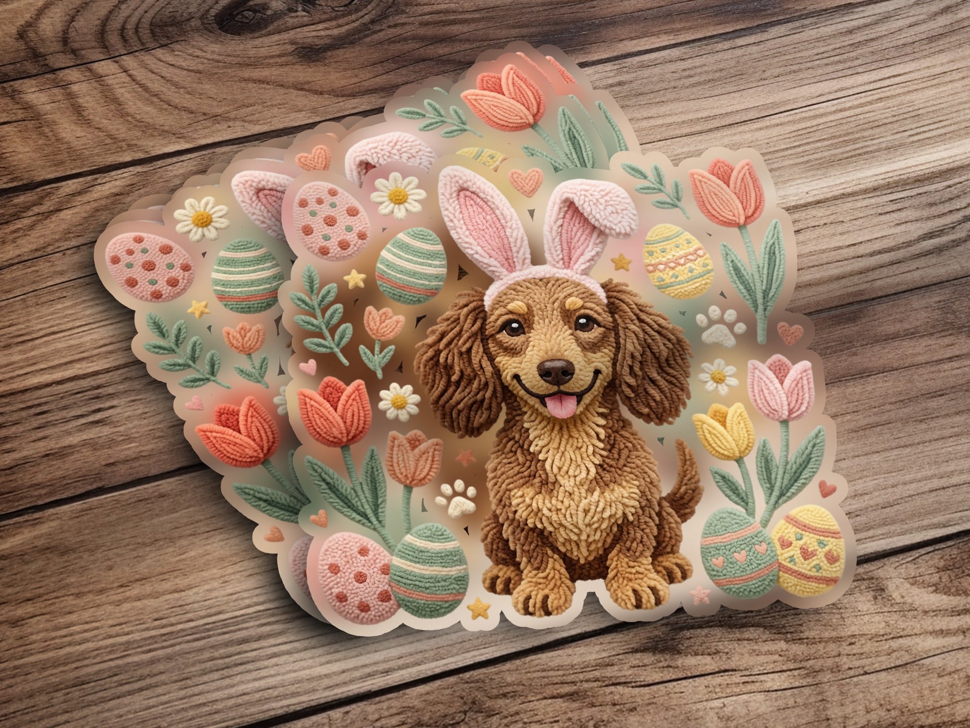Dachshund with bunny ears surrounded by Easter eggs and tulips.