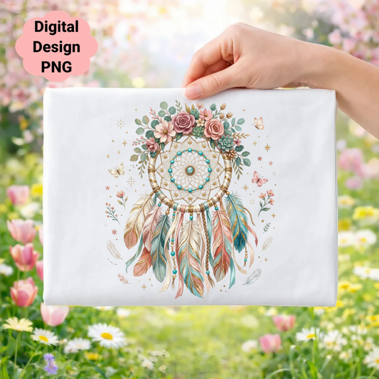 Dreamcatcher with flowers and butterflies on a white background.