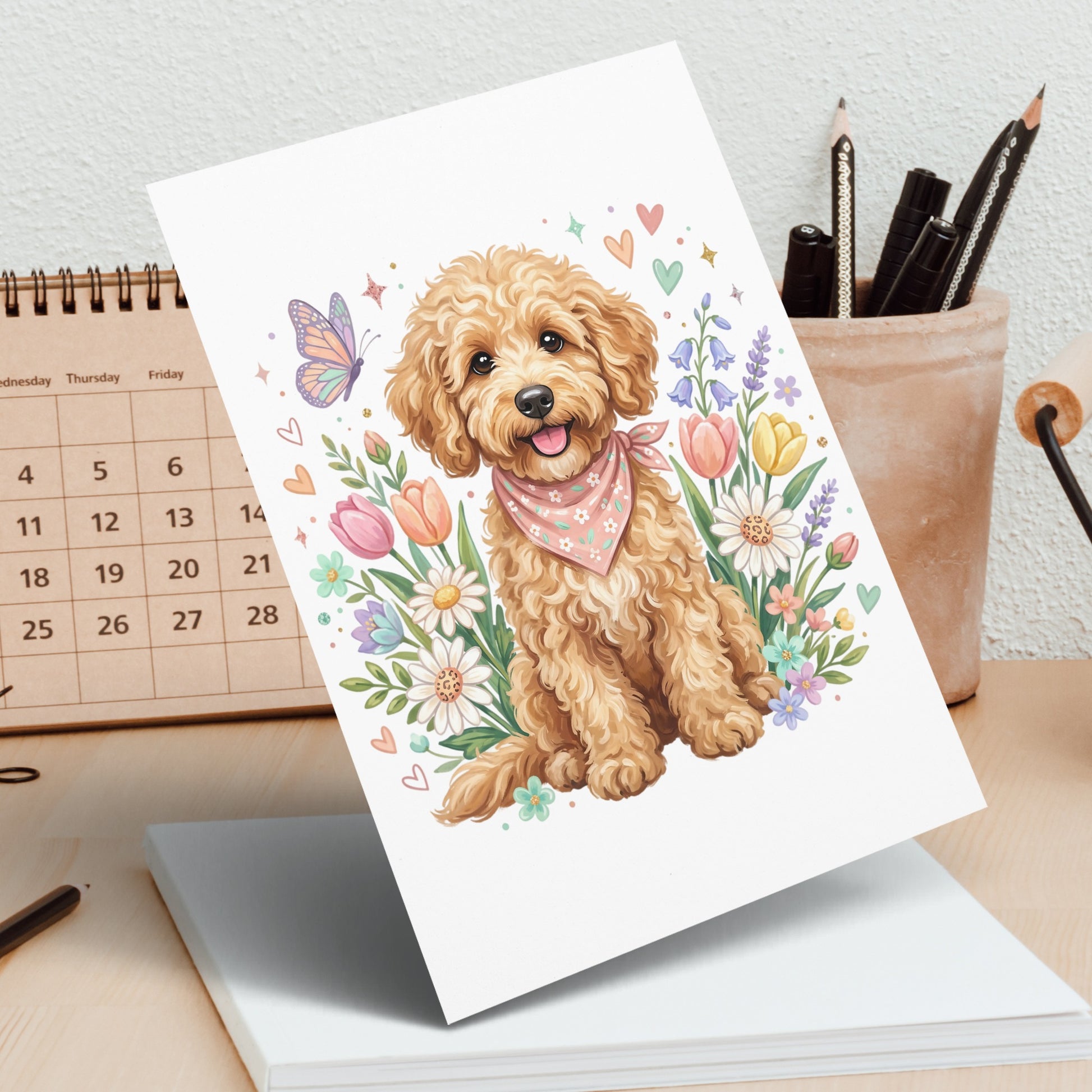 Cute doodle dog with pink bandana surrounded by flowers and butterflies.
