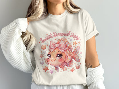 Cute cartoon goldfish with bow on head, surrounded by seashells and stars.