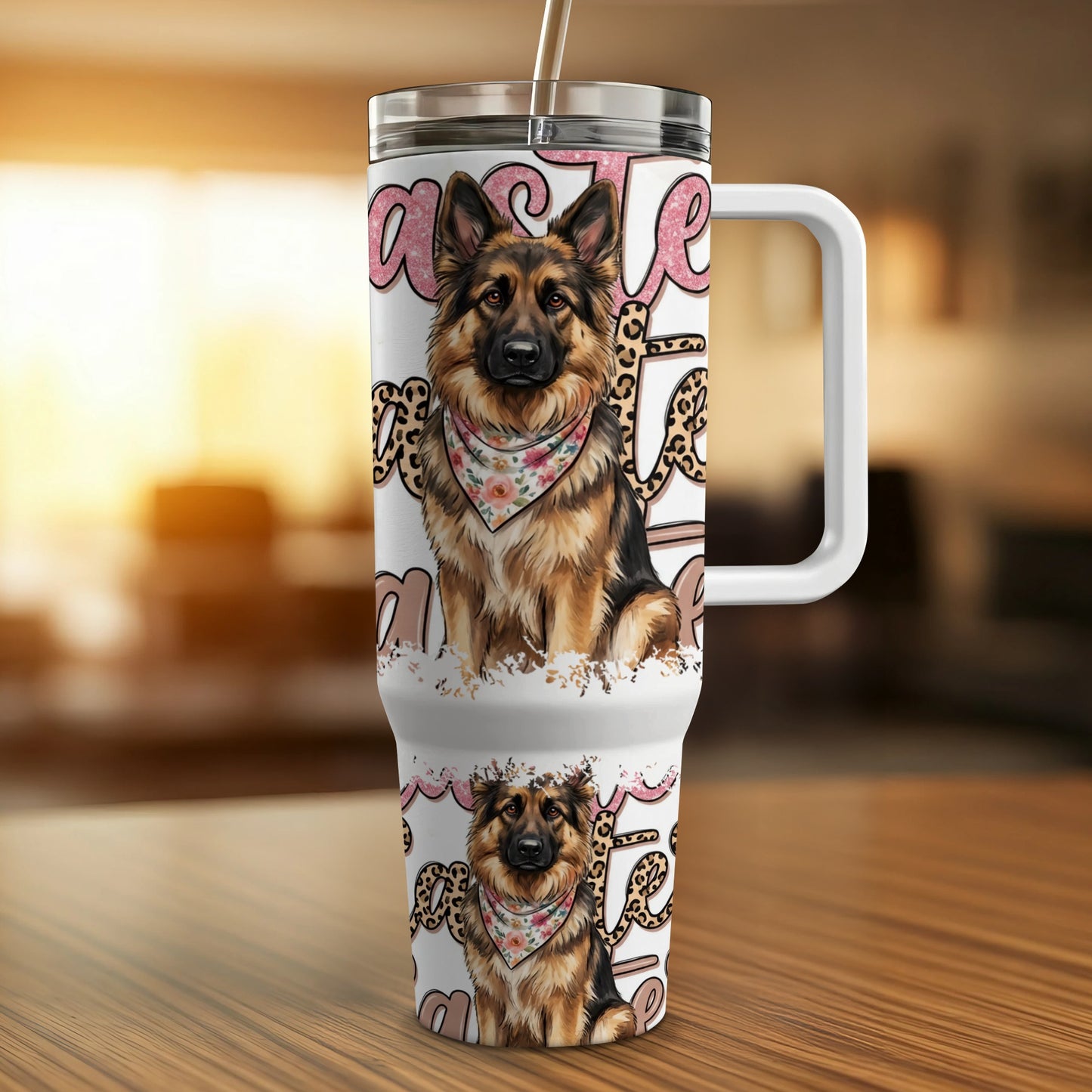 German Shepherd wearing bandana on tumbler with leopard print accents.