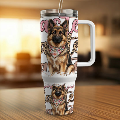 German Shepherd wearing bandana on tumbler with leopard print accents.
