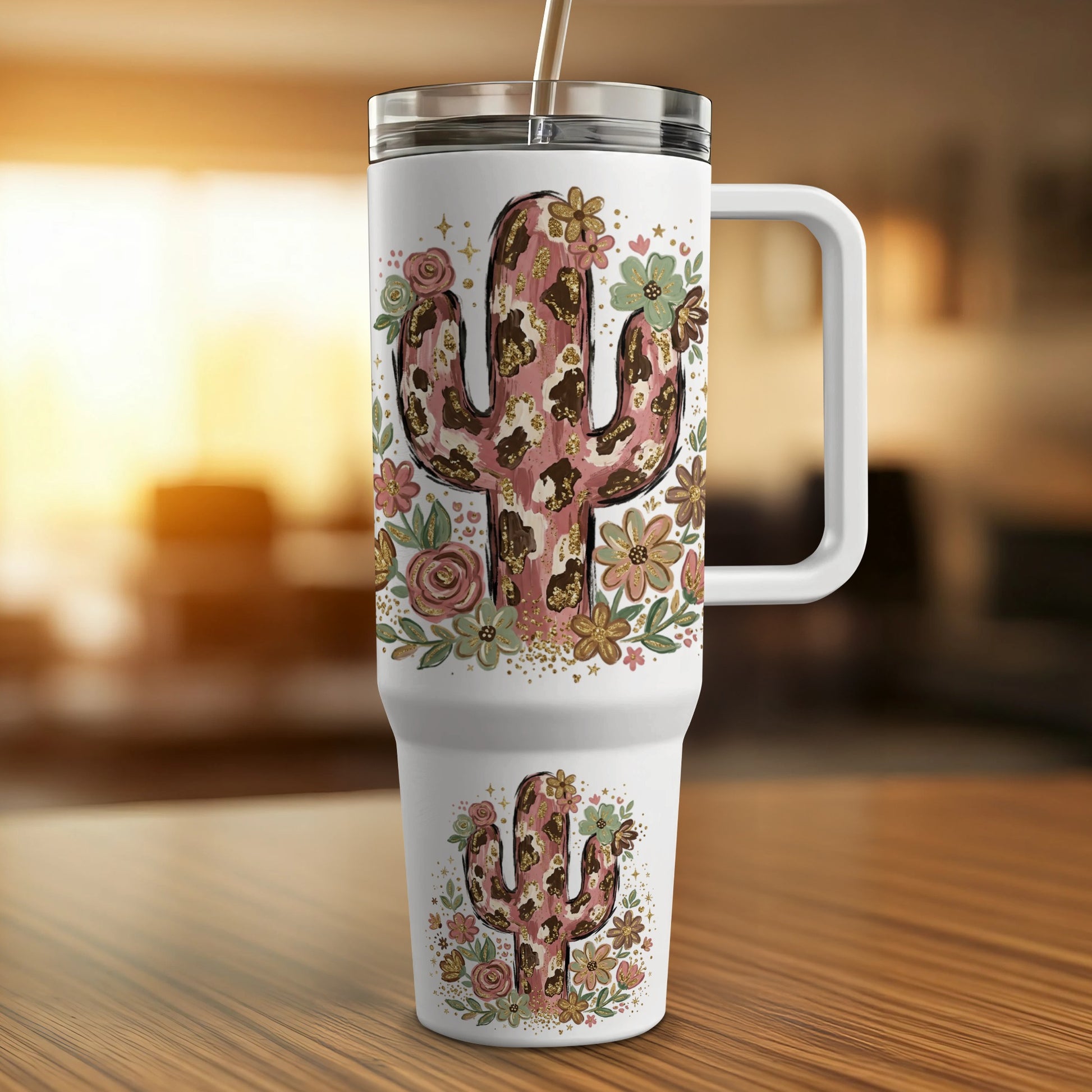 White tumbler with a repeating floral cactus design and leopard print accents.