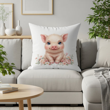 Cute piglet sitting amongst pink flowers on a white throw pillow.