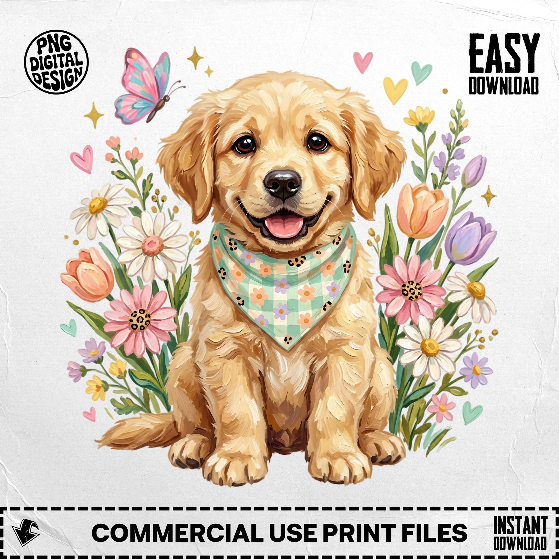 Golden retriever puppy wearing a bandana surrounded by flowers and a butterfly.