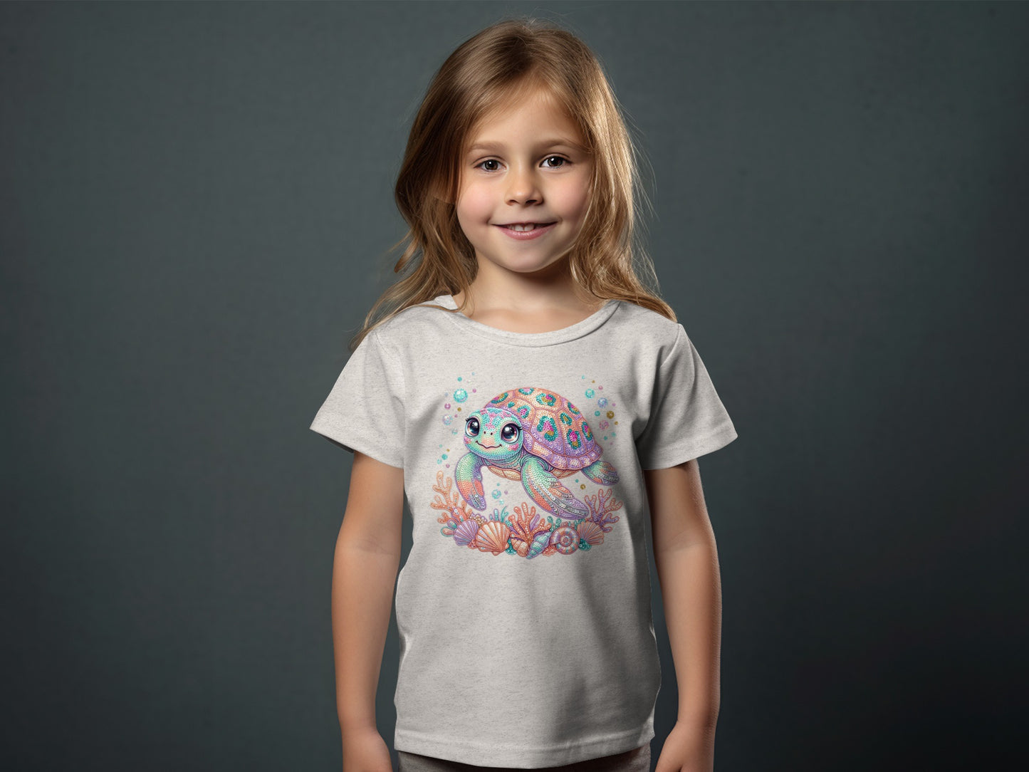 Child wearing a light gray t-shirt with a colorful cartoon sea turtle graphic.