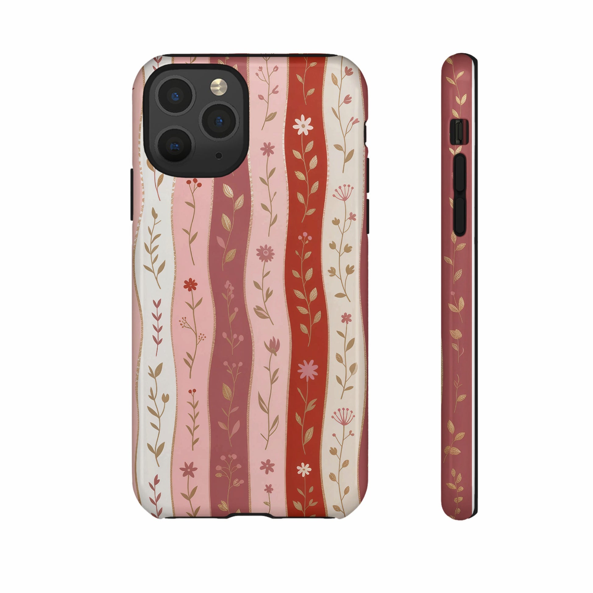 Phone case with vertical pink and cream stripes and floral accents.