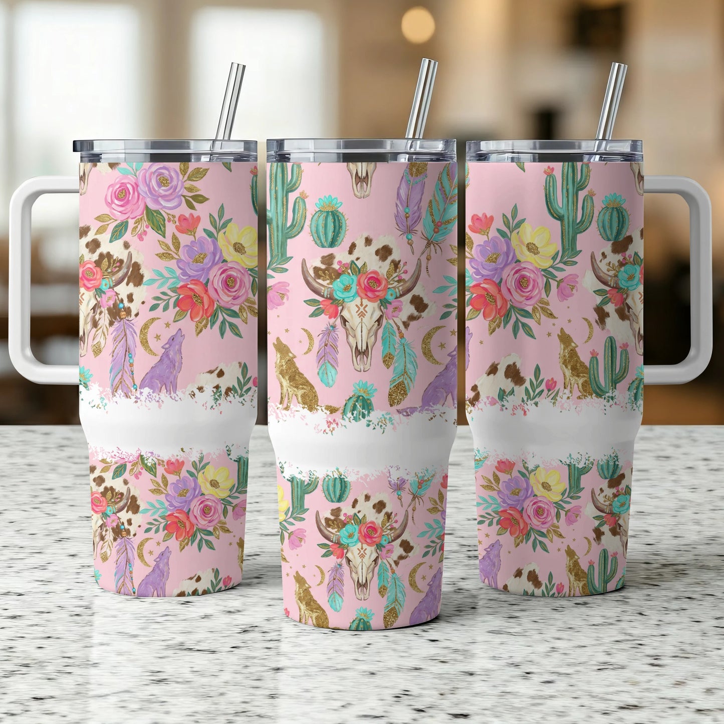 Pink tumbler with floral, cactus, wolf, and bull skull design.