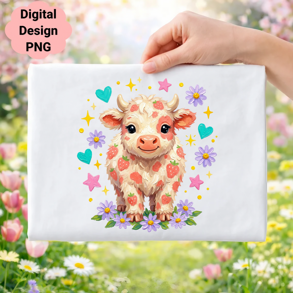 Kawaii strawberry cow with flowers and hearts, digital design.