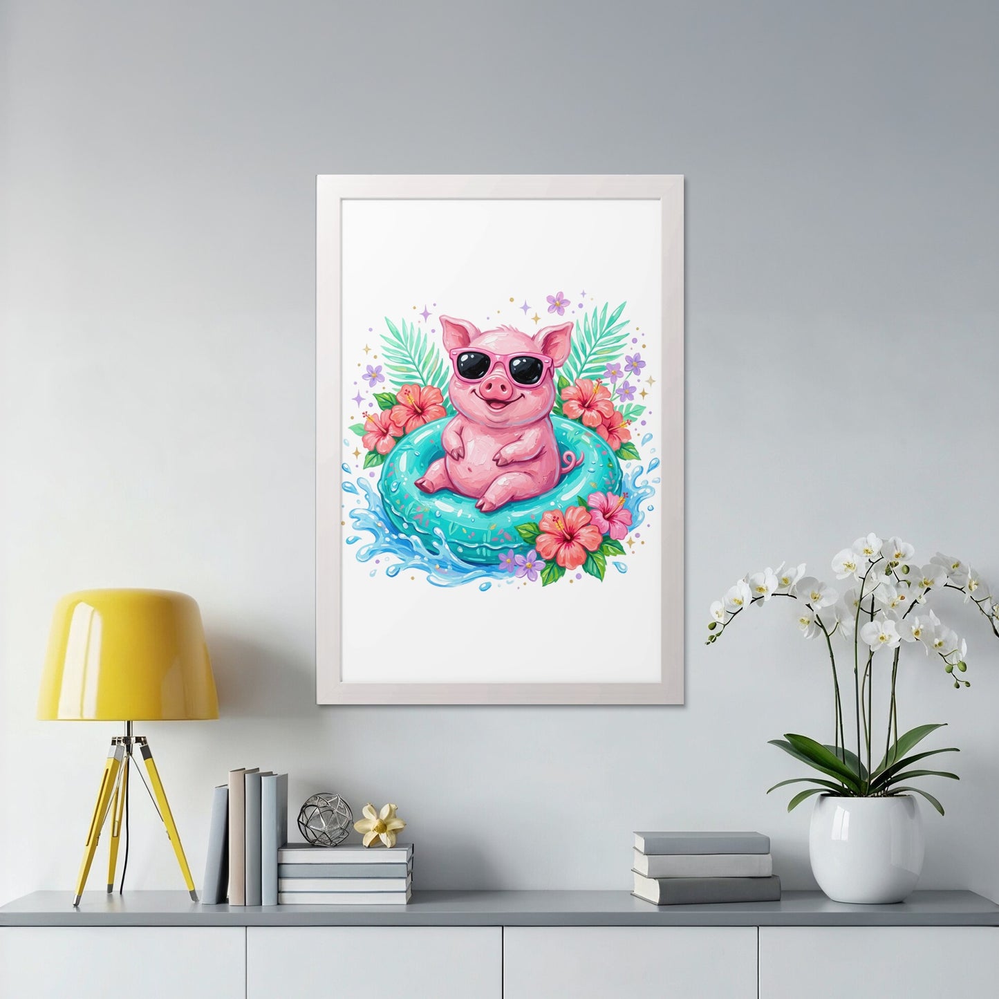 Cartoon pig wearing sunglasses floats in a turquoise inner tube surrounded by flowers.