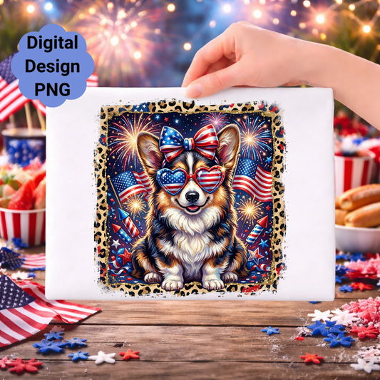 Corgi wearing sunglasses with patriotic bow and leopard print border.