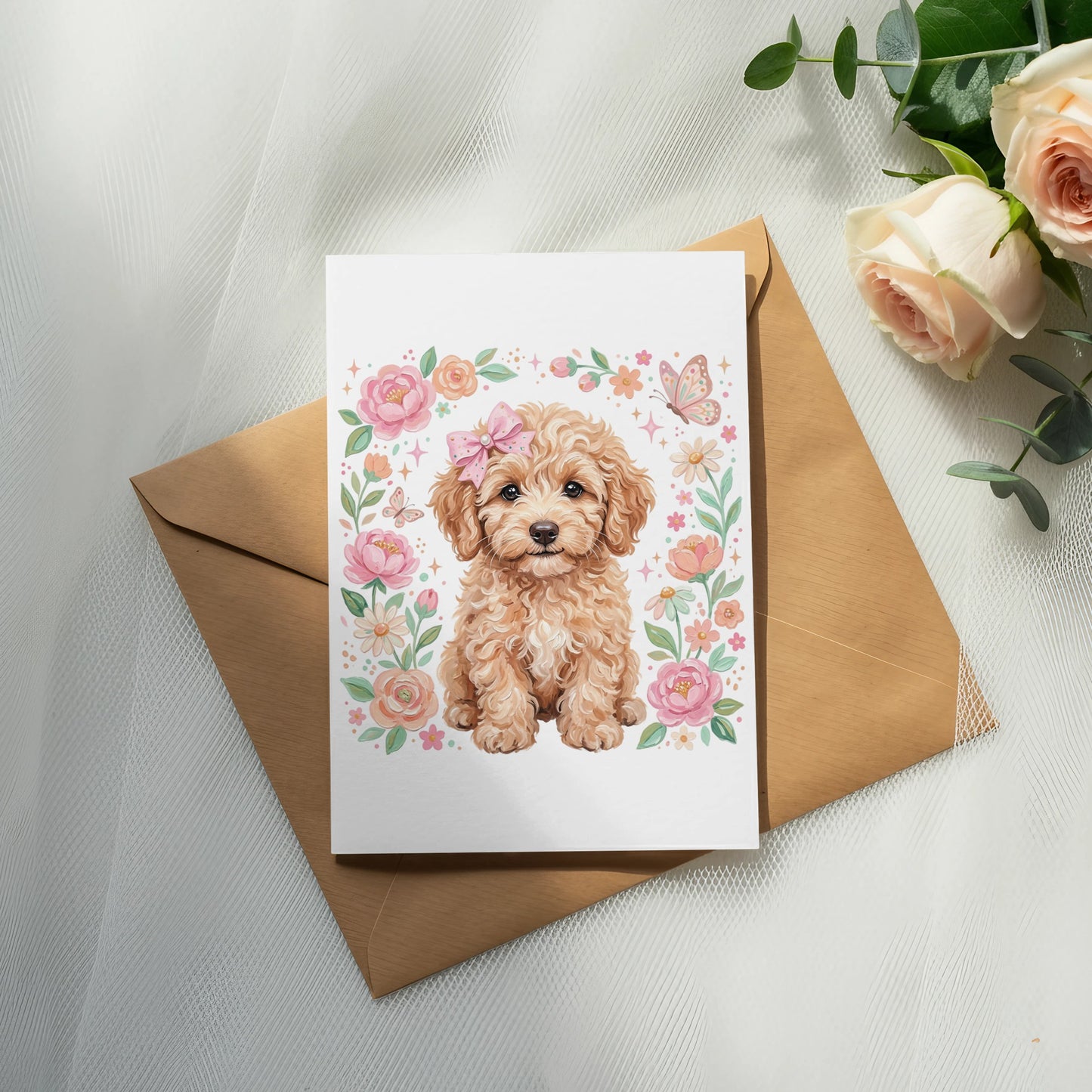 Card with fluffy golden puppy surrounded by flowers and butterflies.