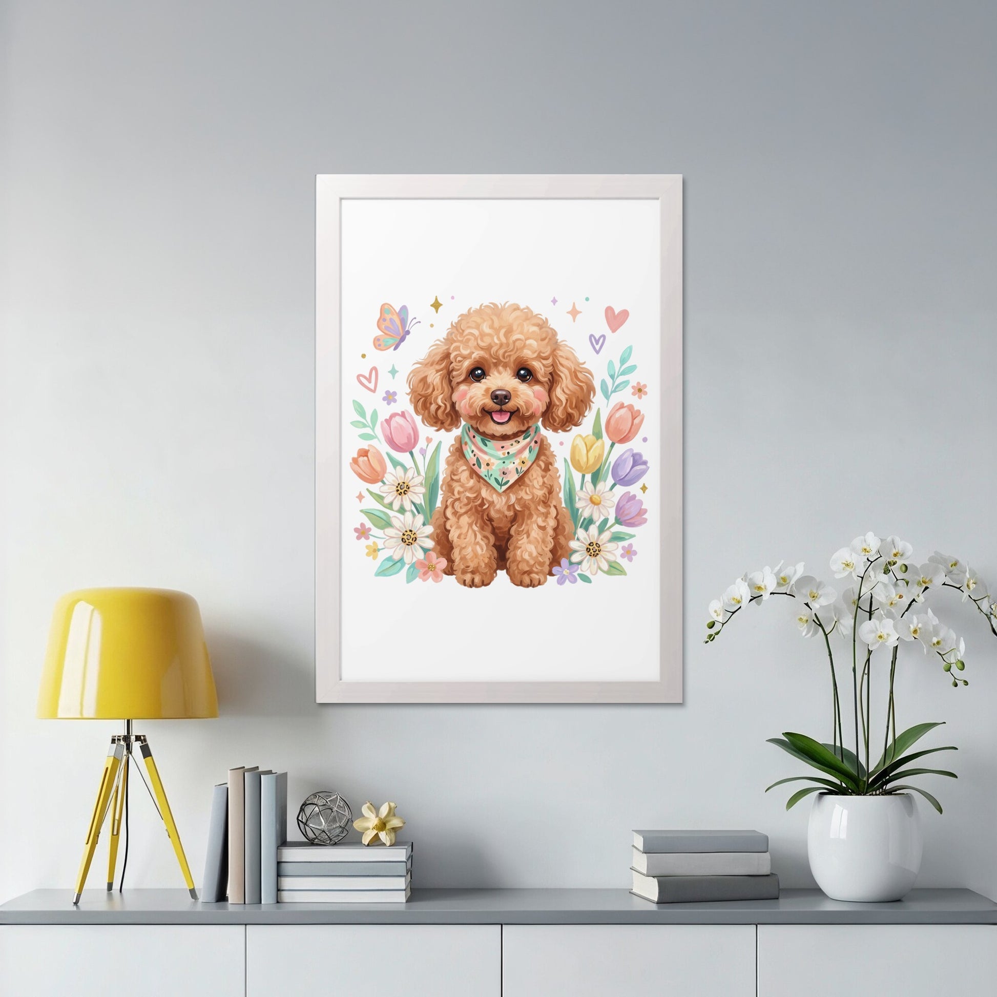 Cute poodle in bandana surrounded by flowers and butterflies.