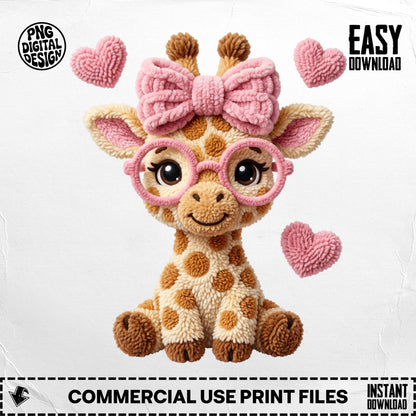 Knitted giraffe with pink bow and glasses, surrounded by heart shapes.